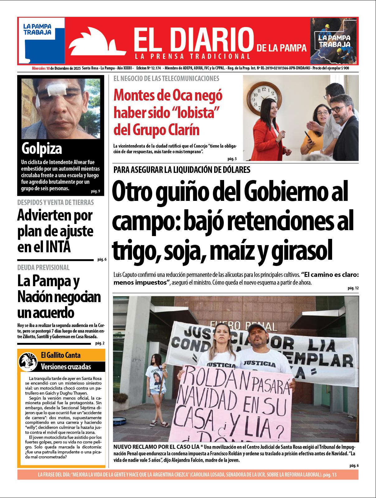 Tapa de El Diario en papel  mieacutercoles 10 de diciembre de 2025
